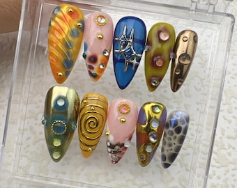 Hand drawn nails\Gift Nails \custom press on nails\hand made Press on Nails\Faux Acrylic Nails\Gel Nails\Press on Nails