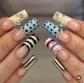 Striped French Press On Nails: Custom Starburst, Glitter Accent