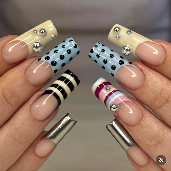 Striped French Press On Nails: Custom Starburst, Glitter Accent