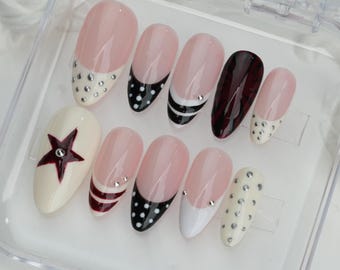 Striped French Press On Nails: Custom Starburst, Glitter Accent