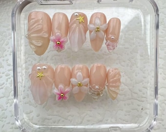 Handmade 3D Flower Press On Nails: Custom Gel Nail Art