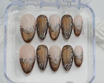Coffee Cat Eye Press On Nails: Custom Starburst Design, 3D Gold Chrome