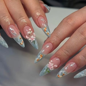 Koi Pond Lotus Press On Nails: Handmade Faux Acrylic Gel Nails