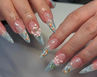 Koi pond lotus fingernails\Gift Nails \custom press on nails\hand made Press on Nails\Faux Acrylic Nails\Gel Nails\Press on Nails