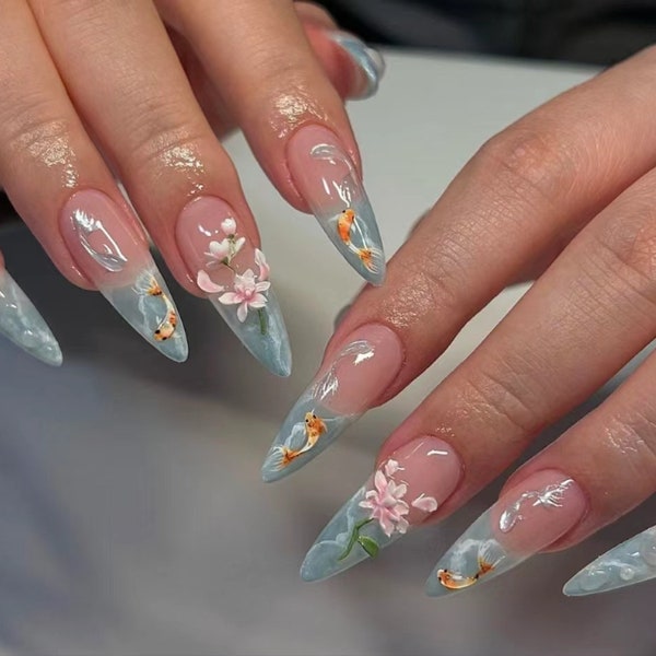 Koi pond lotus fingernails\Gift Nails \custom press on nails\hand made Press on Nails\Faux Acrylic Nails\Gel Nails\Press on Nails