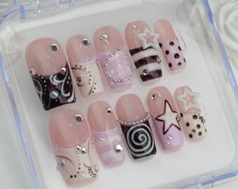 Striped French Press On Nails: Custom Starburst, Glitter Accent