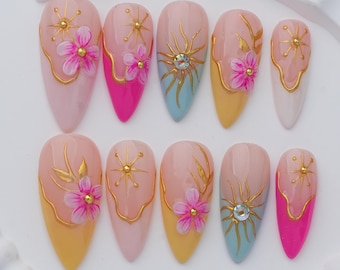 Pink Floral Press On Nails, Celestial Sun Nail Art,3D Flower Handmade Stiletto Nails, Colorful Y2K Fake Nails