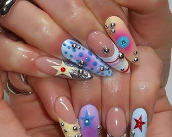 Handmade Cat Eye Press On Nails: Brown Glitter, 3D Gold Chrome