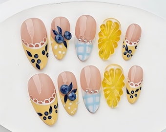 3D  Hand-Painted Striped French Press On Nails: Custom Faux Acrylic Gel Set