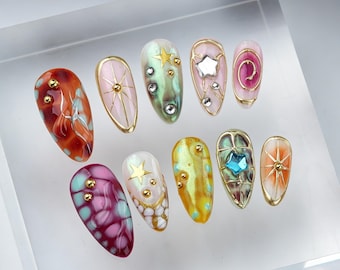 Uñas de gel prensadas hechas a mano: Diseño personalizado de estrella