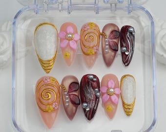 Uñas de flores 3D: Diseño personalizado de estrella // Uñas con purpurina/Uñas brillantes/Uñas marrones/Uñas de estrella/Uñas cromadas doradas 3D/Regalo para ella