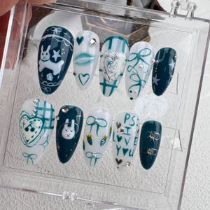 Hand Drawn Press On Nails: Custom Gel Faux Acrylic Nails