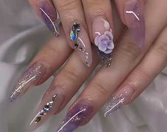 3D Flower Press on Nails: Hand-drawn Faux Acrylic Gel Nails - Etsy
