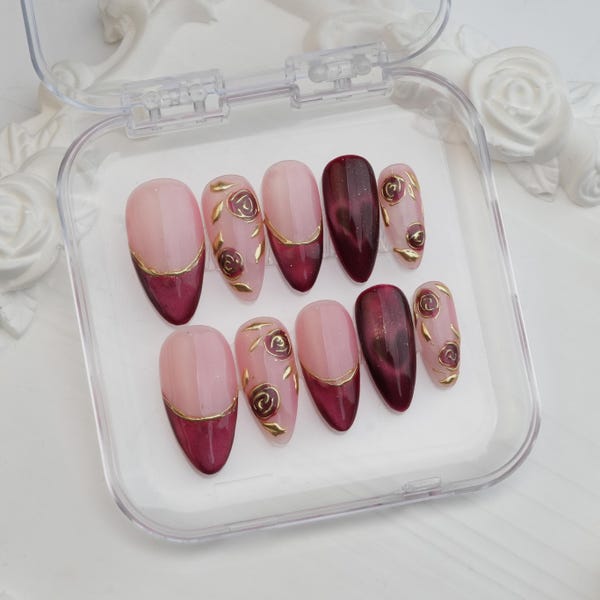 Striped French Press On Nails: Custom Starburst, Glitter Accent