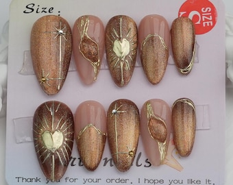 Uñas de color café con efecto ojo de gato: diseño personalizado de Starburst // Uñas con purpurina / Uñas brillantes / Uñas marrones / Uñas cromadas doradas 3D / regalo para ella