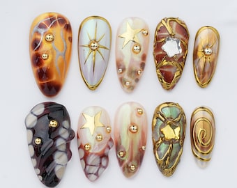 Sparkly Star Press On Nails I Colorful GemstoneNails | Luxury Handmade Nail Set | Party Nails