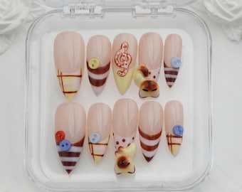 Striped French Press On Nails: Custom Starburst, Glitter Accent