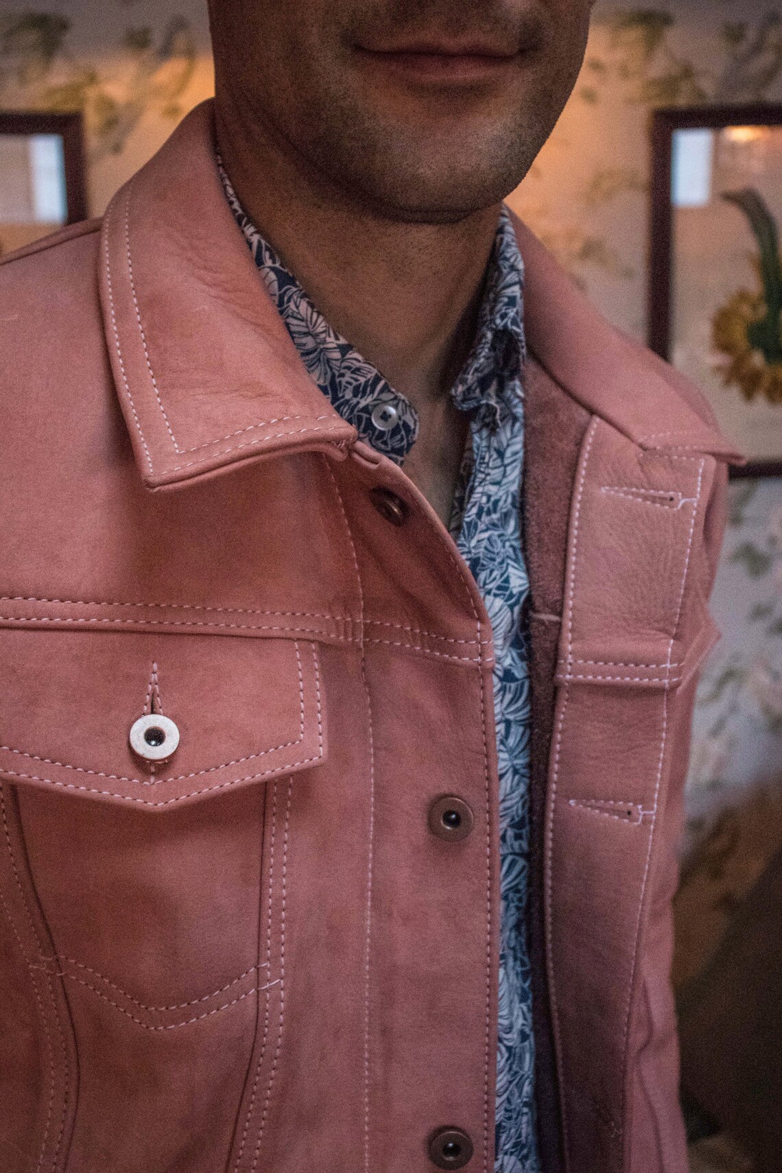 PINK TRUCKER Jacket Mens Genuine Bison Suede Unique Luxury Etsy