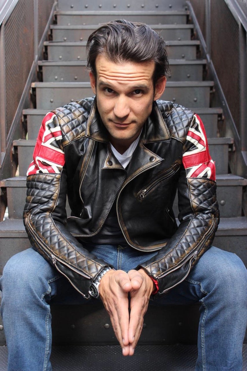 UNION JACK Leather Jacket in Distressed Black British Flag Etsy