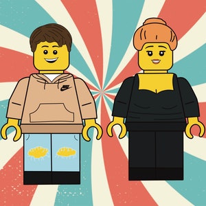 K&ouml;nnte beinhalten: Zwei Lego-Minifiguren, eine tr&auml;gt ein braunes Kapuzenpullover mit einem Nike-Logo und blaue Jeans, die andere tr&auml;gt ein schwarzes Kleid. Die Figuren stehen vor einem rot-wei&szlig;-blau gestreiften Hintergrund.