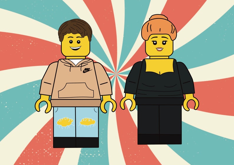 K&ouml;nnte beinhalten: Zwei Lego-Minifiguren, eine tr&auml;gt ein braunes Kapuzenpullover mit einem Nike-Logo und blaue Jeans, die andere tr&auml;gt ein schwarzes Kleid. Die Figuren stehen vor einem rot-wei&szlig;-blau gestreiften Hintergrund.