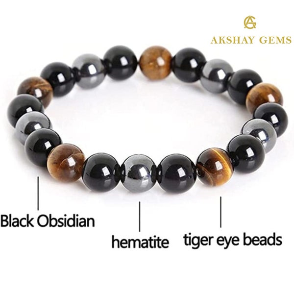 thumbnail interactive-video image 1 of Men's Blue Tiger Eye, Hematite & Obsidian Triple Protection Necklace & Bracelet Set 1 of 2