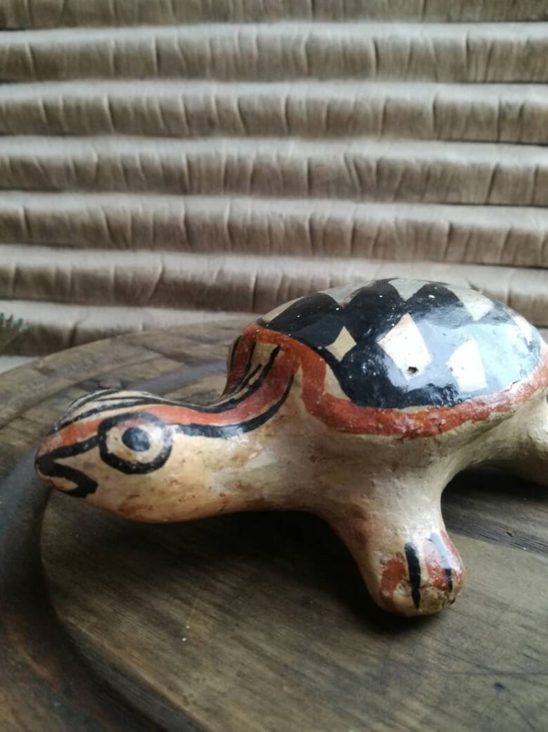 Earthenware Hand crafted CLAY Berber pottery Turtle or tortoise Polychrome antique NORTH AFRICAN ceramic Kablye hand made figure