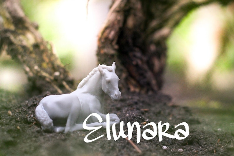 May include: A white figurine of a horse lying down on a bed of soil. The horse has a detailed mane and tail. The word "Elunara" is written in a cursive font below the horse.