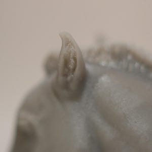 May include: Close-up of a gray horse sculpture, focusing on the ear and part of the mane. The sculpture has a smooth, matte finish. The ear is detailed with subtle textures, and the mane is slightly blurred.