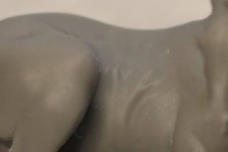May include: A close-up of a gray sculpture of an animal, possibly a cat or dog, with smooth, curved lines. The sculpture has a matte finish and subtle details in the fur.