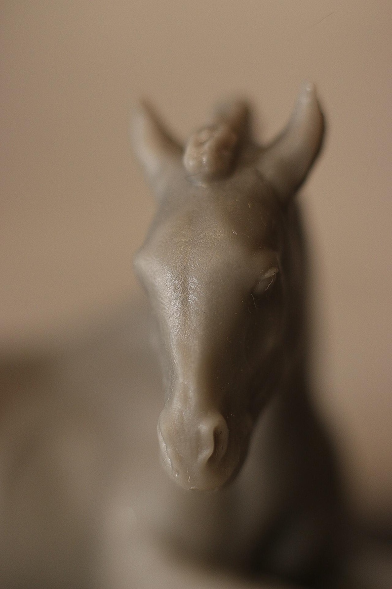May include: A close-up of a small, light-colored horse figurine. The figurine is detailed, with visible features like the ears, mane, and facial structure. The horse is a neutral color, and the background is blurred.