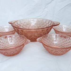 1930s Pink Pressed Glass - Serving Bowl with 4 Dessert Bowls - Art Deco Glass Bowls