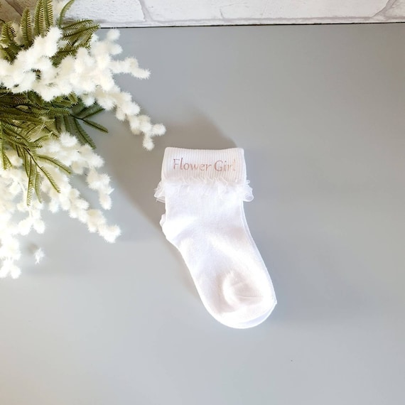 Flower Girl Socks, White Frilly Socks, Rose Gold Text