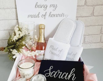 Personalized Maid of Honor Gift Box: Robe, Slippers & Candle