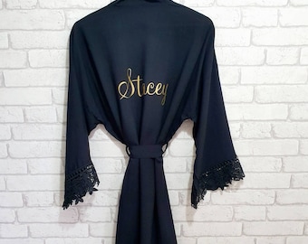 Black Personalised Robe~Cotton Dressing Gown~Wedding Day Robe~Bridesmaid Gift~Gift for Bride~Maid of Honour Gift~Gift for Her~Anniversary