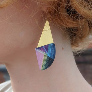 Purple Blue Boho Statement Earrings, Minimal Handmade nature jewellery, Wood and Brass, Color Geometric jewellery, Summer Gif for Wife,