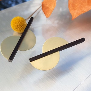 Statement Wood Earrings/Stud Earrings/Black Wood and  Brass/Semi Circle Modern Natural Eco Jewelry/Bog Oak Wood Gift for her/Gift for Artist