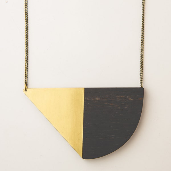 girlfriend gift/upcycled statement necklace/half circle necklace/triangle necklace/geometric bog oak black necklace/natural jewelry/dark