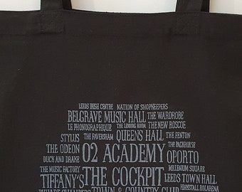 Music Venues of Leeds black cotton tote bag