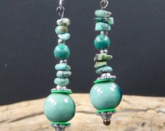 Boucles d'oreilles, Earings, Boucles d'oreilles longues, originales, vert turquoise, Noël