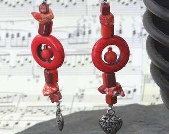 Boucles d'oreilles, Earings, Couleur rouge corail, Boucles d'oreilles longues, originales, Noël