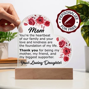 Gift for Mom, Birthday Gift for Mom from Daughter, Gift for Mom from Son, Mother&#39;s Day Gift, Acrylic Heart Plaque, Acrylic Nightlight