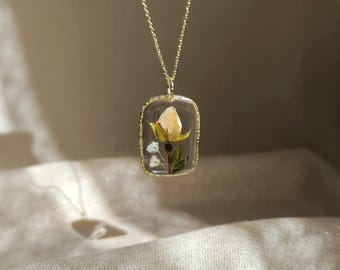 Preserved Yellow Rose Resin Necklace: Real Flower Pendant, Flower Lover Jewelry