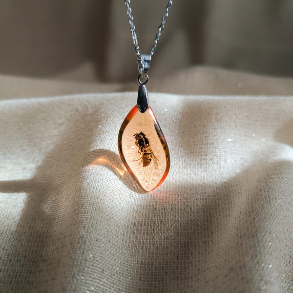 Real Preserved Wasp Necklace: Amber Color Resin Insect Pendant, Insect Lover Accessory