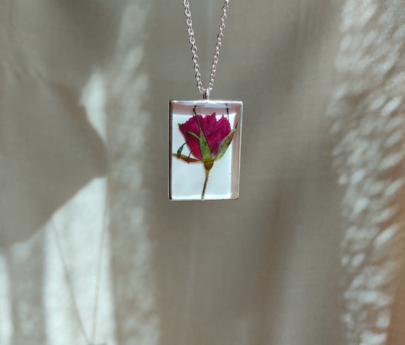 Pressed Red Flower Necklace Dried Rose Pendant Real Rose Jewelry