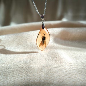 Preserved Wasp Necklace: Amber Color Resin Insect Pendant, Unique Bee Jewelry