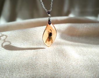 Collar de avispa preservada: colgante de insecto de resina color ámbar, joyería de abeja única