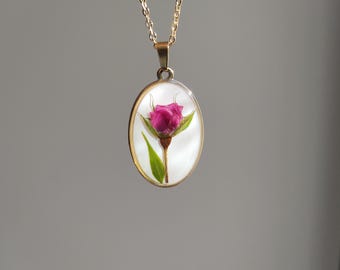 Pressed Real Rose Necklace: Stainless Steel Pendant, Dainty Floral Jewelry