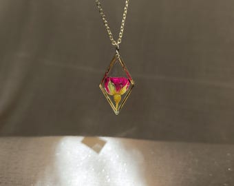 Collar de rosa roja seca natural: colgante de flor prensada con marco dorado, regalo para amantes de las flores.