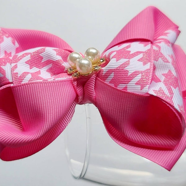 4-1/2" Candy Pink Houndstooth Fancy Hair Bow, Flower Girl, Birthday Girl